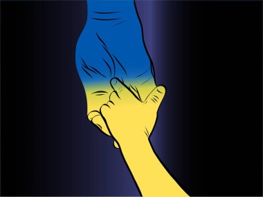illustration of kid and adult holding hands with ukrainian flag colors on dark background clipart