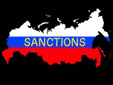 illustration of flag of russian flag with sanctions lettering isolated on black clipart