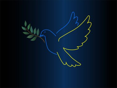 illustration of dove with blue and yellow colors near green leaves on dark background  clipart