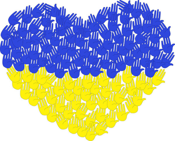 иллюстрация синих и желтых человеческих ладоней в форме сердца, изолированных на белом