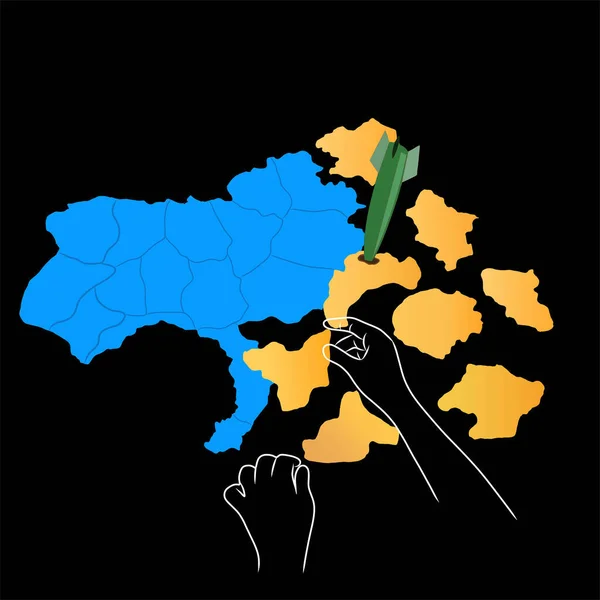 Illustratie Van Handen Buurt Van Oekraïense Grondgebied Bom Aanval Geïsoleerd — Stockvector