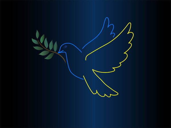 illustration of dove with blue and yellow colors near green leaves on dark background 