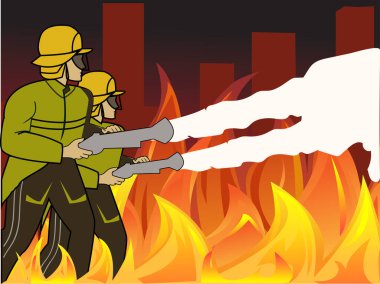 illustration of firefighters in uniform putting out fire  clipart