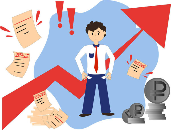 cartoon man with empty pockets standing near documents with sanctions lettering and ruble coins