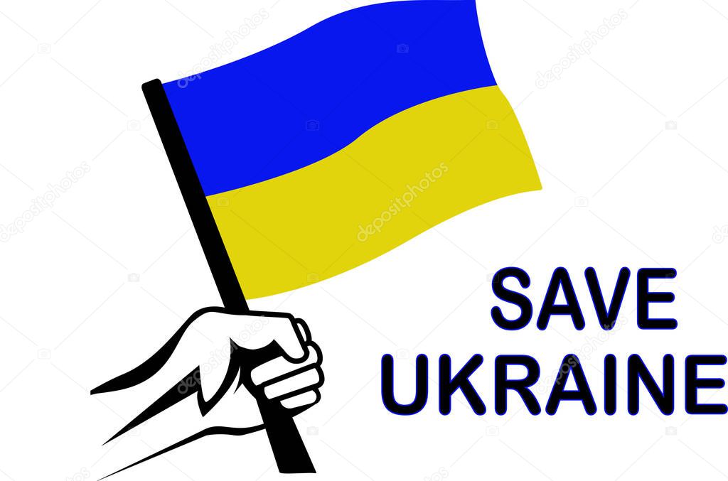illustration of person holding national flag near save ukraine lettering isolated on white