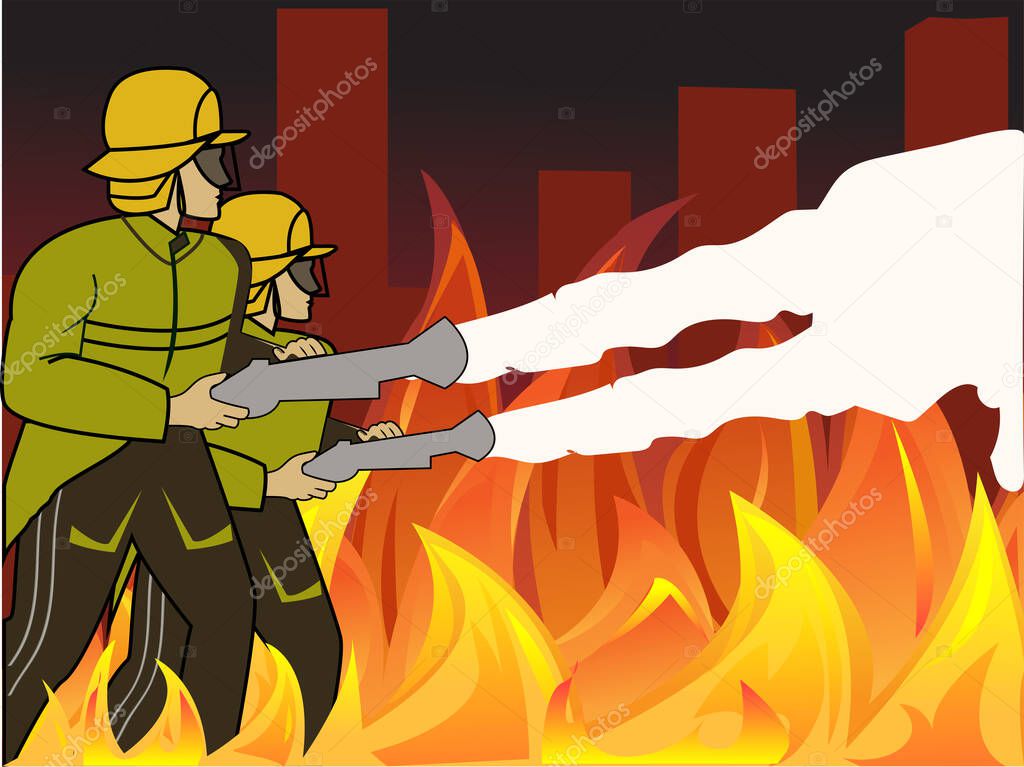 illustration of firefighters in uniform putting out fire 