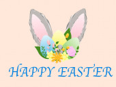 ilustrace kreslené králičí uši a malované vejce v blízkosti šťastné velikonoční písmo izolované na růžové