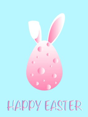 illustration of pink chicken egg with bunny nears near happy easter lettering on blue clipart