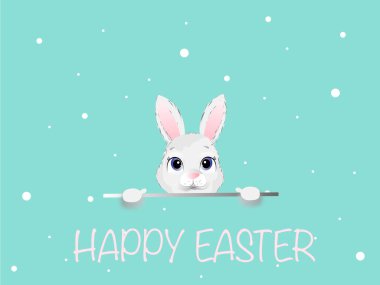 Mavi üzerine Mutlu Paskalya harflerinin yanındaki çizgi film tavşanının çizimi