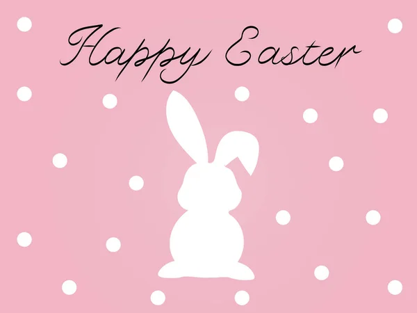 Pembe noktalı arka planda mutlu paskalya harflerinin yanında beyaz tavşanın resmi.