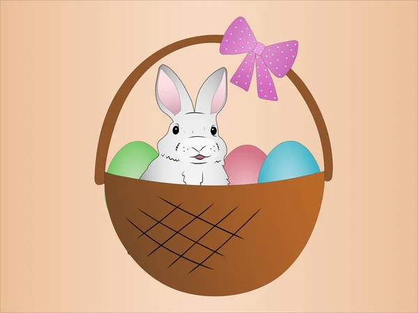 stock vector illustration of rabbit in basket with easter eggs on beige