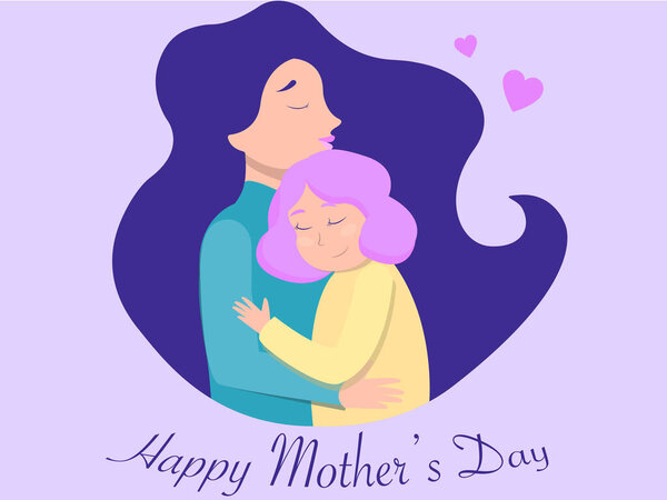 Illustrazione Madre Figlia Sorridente Che Abbracciano Vicino Alla Scritta Felice — Vettoriale Stock
