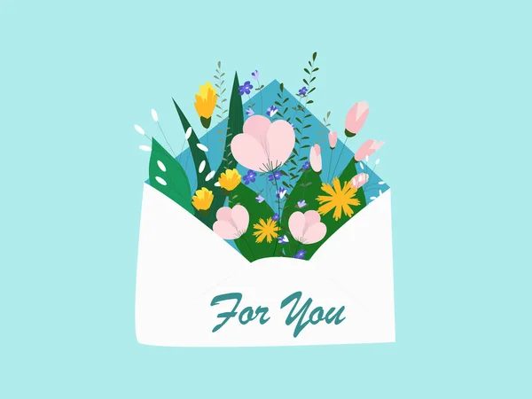 stock vector illustration of flowers inside envelope with for you lettering on blue background 
