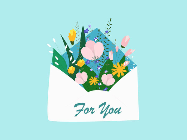 illustration of flowers inside envelope with for you lettering on blue background 
