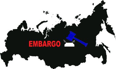 illustration of gavel next to embargo lettering and map of russia clipart