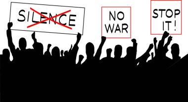 illustration of crowd with no war, stop war placards  clipart