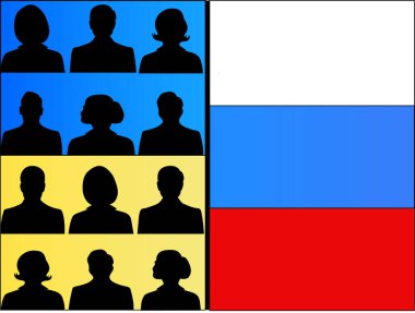 Ukrayna ve Rusya bayraklarına karşı insanların çizimi, müzakere kavramı 