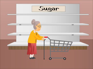 Elinde baston ve alışveriş arabası olan yaşlı bir kadının resmi. Boş rafların yanında şeker harfleriyle. 
