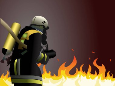 illustration of firefighter in uniform putting out fire  clipart