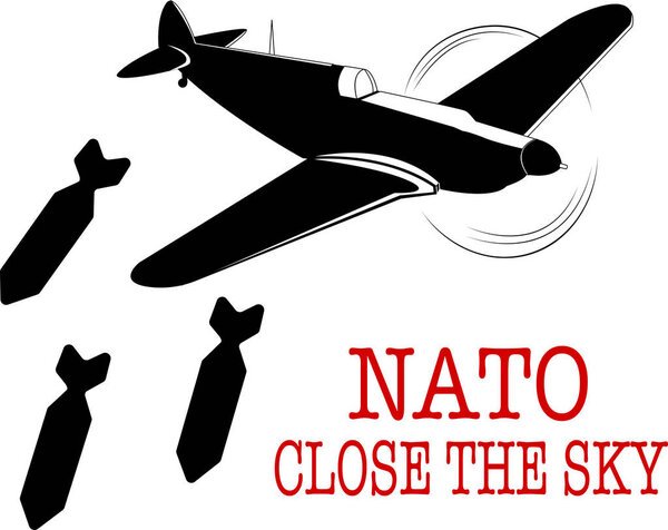 иллюстрация бомб, падающих с самолета возле НАТО, закрывающих небо надписью 