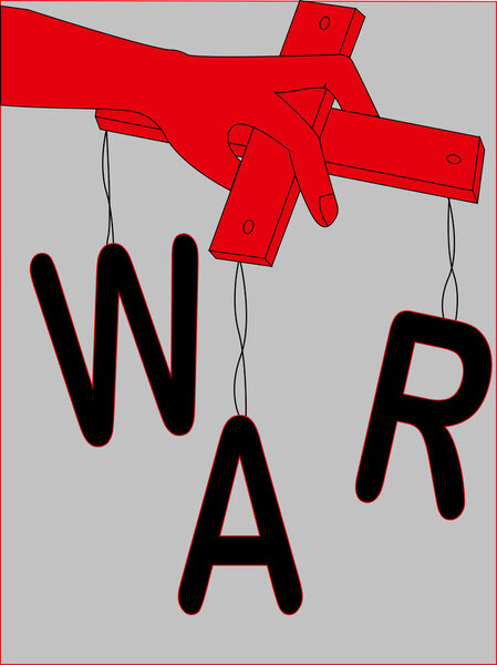 illustration of person holding red cross with war lettering on grey
