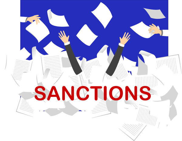 illustration of person sinking into papers near sanctions lettering 