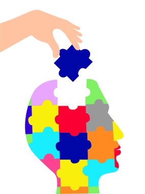 illustration of person holding jigsaw near human shape head clipart