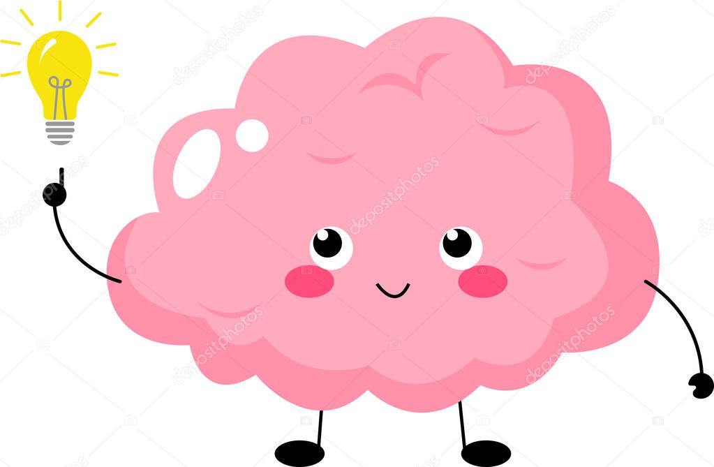 illustration of pink cartoon brain near light bulb, idea concept 