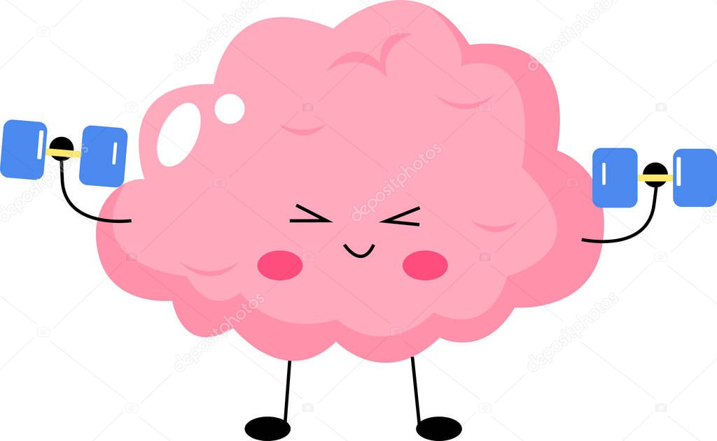illustration of pink cartoon brain exercising with dumbbells 