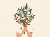 ilustrace osoby v I love you maminka tričko drží kytice květin