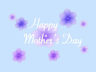 Mor çiçeklerin yanına mavi harflerle yazılmış mutlu anneler günü tasviri.