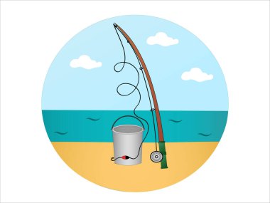illustration of fishing rod near bucket and blue river  clipart