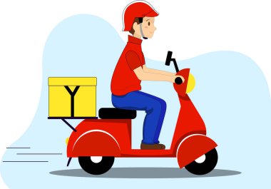 illustration of deliveryman riding on scooter with box  clipart