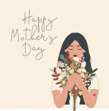 Mutlu anneler günü yakınlarındaki bir buket çiçek tutan kadının bej rengi harflerle resmedilmiş hali.
