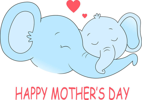 illustration of elephants with closed eyes near happy mothers day lettering on white 