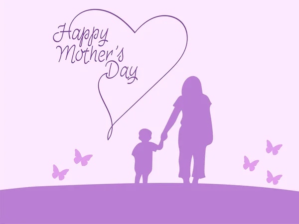 母亲和孩子手牵着幸福的母亲的手在紫色上书写的图画 — 图库矢量图片
