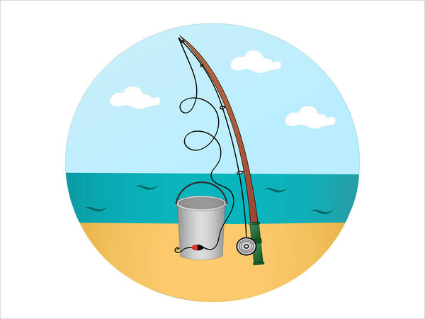 illustration of fishing rod near bucket and blue river 