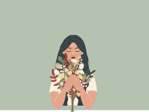 illustration of woman holding bouquet of flowers on grey background 