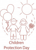 cartoon boy and girl holding hands near children protection day lettering on white