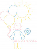 illustration of cartoon girl holding flower and balloons near happy childrens day lettering on white