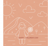 illustration of cartoon girl holding flower near graphic mountains and happy childrens day lettering