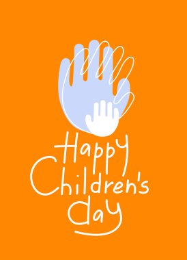 illustration of abstract adult and child hand prints near happy children day lettering on orange clipart