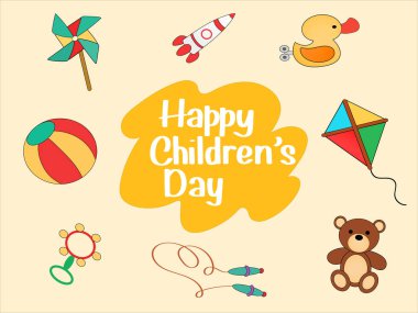illustration of different toys near happy childrens day lettering  clipart