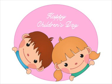 illustration of smiling boy and girl near happy childrens day lettering on pink clipart
