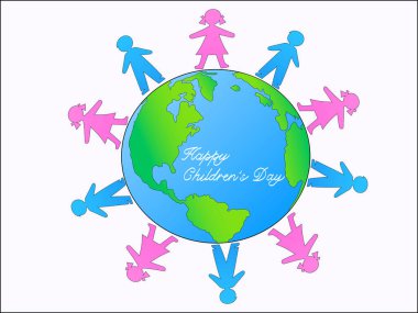 illustration of kids around globe and happy childrens day lettering on white clipart