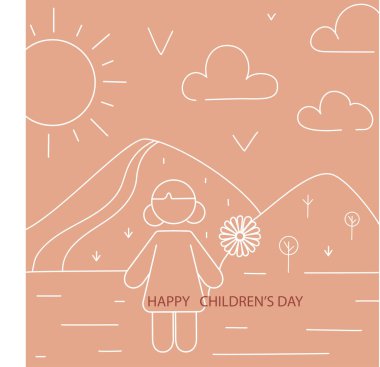 illustration of cartoon girl holding flower near graphic mountains and happy childrens day lettering clipart