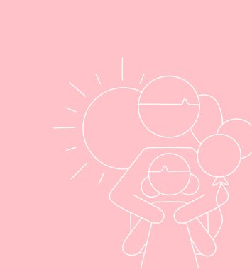 Annesinin pembe üzerinde güneşe yakın çocuğu kucakladığının bir resmi.