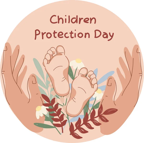 stock vector illustration of baby feet in mothers hands near flowers and children protection day lettering