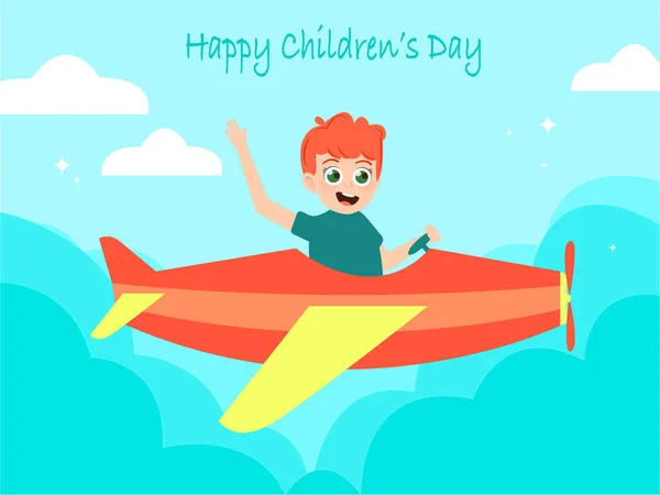 Illustration Happy Boy Plane Clouds Happy Childrens Day Lettering — стоковый вектор