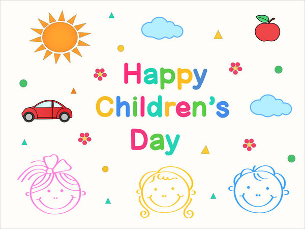 illustration of smiling kids near happy childrens day lettering on white